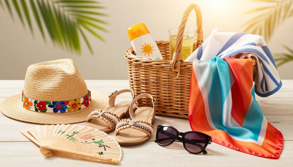 A beautifully arranged display of traditional summer accessories, featuring a woven straw hat adorned with colorful floral bands, elegant beaded sandals, and a vibrant silk scarf draped artistically. In the foreground, a delicate hand-held fan with intricate designs is partially open next to a pair of oversized sunglasses. The middle section showcases a wicker basket filled with sunblock, a refreshing beverage, and a folded beach towel. In the background, soft sunlight filters through gentle palm leaves, creating a warm, inviting glow. The composition exudes a relaxing, chic atmosphere, perfectly embodying the essence of traditional summer aesthetics. Shot with a warm focus lens, emphasizing textures and vibrant colors, inviting the viewer to feel the summer warmth.