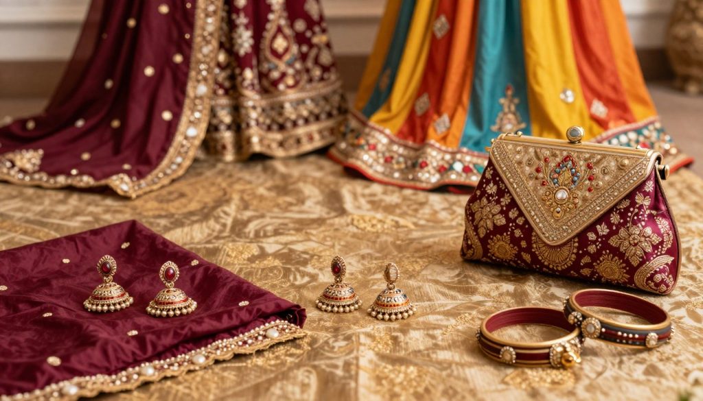 A beautifully styled flat lay featuring an array of ethnic wear accessories, including intricate jhumka earrings, vibrant dupattas, a silk clutch decorated with traditional motifs, and exquisite bangles of various designs. The foreground showcases these accessories artfully arranged on a textured fabric backdrop in rich hues like deep maroon and gold. In the middle ground, subtly blurred, are hints of elegant ethnic garments like a stunning salwar suit and a lehenga in vibrant colors, adding depth to the composition. The background consists of soft, natural lighting that enhances the richness of the fabrics, creating a warm, inviting atmosphere. The overall mood is sophisticated and festive, perfect for showcasing the elegance of ethnic fashion styling.