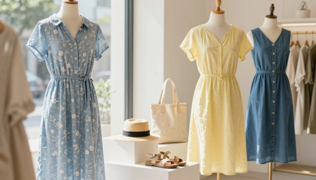 A bright and airy setting showcasing a variety of casual dresses for women, each displayed on elegant mannequins. In the foreground, a flowing, light blue shirt dress with white floral patterns, a comfortable linen sundress in pastel yellow, and a classic denim A-line dress. In the middle, neatly arranged accessories like a straw hat, sandals, and a tote bag that complement the outfits. The background features soft natural lighting streaming through a large window, casting gentle shadows that enhance the serene atmosphere of a cozy boutique. The overall mood is relaxed and inviting, perfect for illustrating effortless daily style. The image should have a slight depth of field to focus on the dresses while softly blurring the background, creating a warm and approachable vibe.