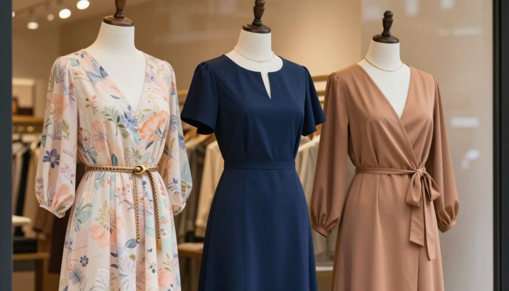 A collection of three fashionable everyday dresses displayed on stylish mannequins, showcasing various designs. The foreground features a flowy midi dress in soft pastel colors with floral patterns, paired with a chic belt. In the middle, a classic A-line dress in navy blue, accented with minimalistic jewelry, highlights its elegant neckline. The third dress, a casual yet trendy wrap dress in earthy tones, brings a touch of bohemian flair. The background features a softly blurred boutique interior with warm, inviting lighting, enhancing the dresses’ colors and textures. The scene is framed with soft natural light, creating a serene and inviting atmosphere, perfect for showcasing everyday style inspiration.