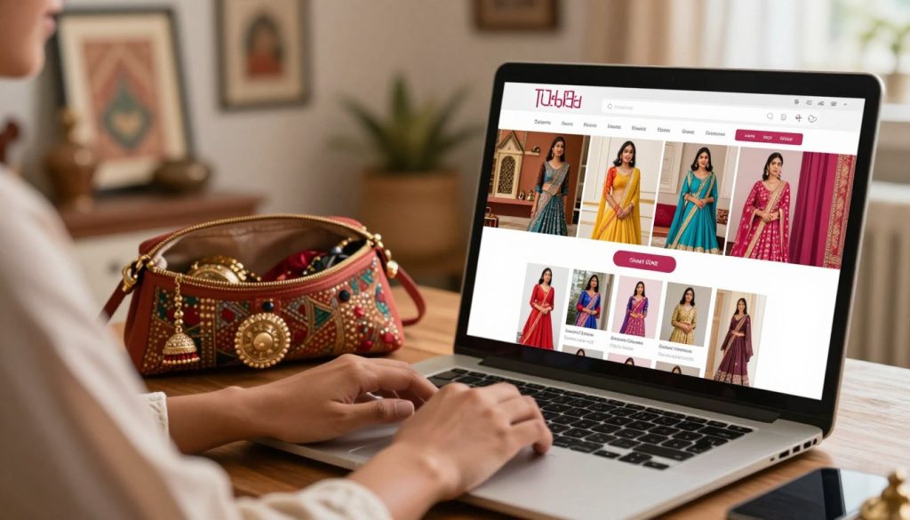 A cozy, inviting online shopping checkout scene that captures the essence of ethnic wear for women. In the foreground, a computer screen displays a vibrant, user-friendly checkout page filled with colorful ethnic clothing selections, like sarees and lehengas. A hand, dressed in modest casual attire, is poised over the keyboard, ready to complete the purchase. The middle ground features a laptop and an open purse with traditional accessories peeking out, enhancing the ethnic theme. The background is softly blurred, featuring a warm, well-lit home environment with decorative elements like traditional artwork and textiles, creating a comfortable atmosphere. Warm lighting emphasizes a sense of ease and confidence in the shopping experience, inviting viewers into the world of online ethnic fashion.