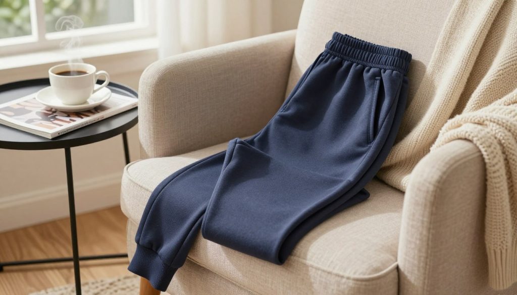 A cozy living room scene featuring a neatly folded pair of stylish joggers and a soft, oversized sweater placed on a comfortable armchair. In the foreground, the joggers should be displayed prominently, showcasing their casual fabric and relaxed fit. The middle ground will include a small side table with a steaming cup of coffee and a trendy magazine, enhancing the atmosphere of comfort. In the background, a softly lit window reveals a hint of greenery outside, adding a touch of freshness. The overall mood is inviting and relaxed, with warm, natural lighting that emphasizes the soft textures of the clothing. The image conveys a sense of everyday comfort and style, perfect for daily wear choices.