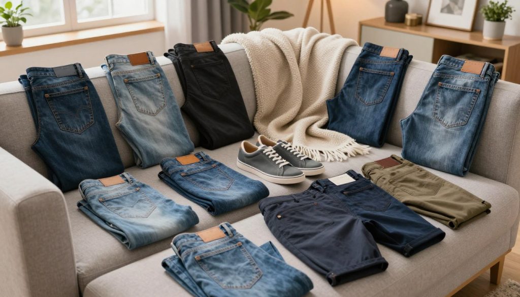 A cozy living room scene featuring a selection of stylish and durable bottoms for men and women neatly displayed on a modern sofa. The foreground includes a variety of pants, jeans, and shorts made from high-quality fabrics, emphasizing comfort and durability, with textures clearly visible. In the middle, a soft throw blanket and a pair of sneakers complement the bottoms, suggesting casual wear. The background shows warm lighting from a window, creating an inviting atmosphere with plants and tasteful decorations. The focus is on the clothing items, highlighting their practicality and appeal, ensuring a professional yet approachable mood. Use a slightly elevated angle to capture the layout effectively.