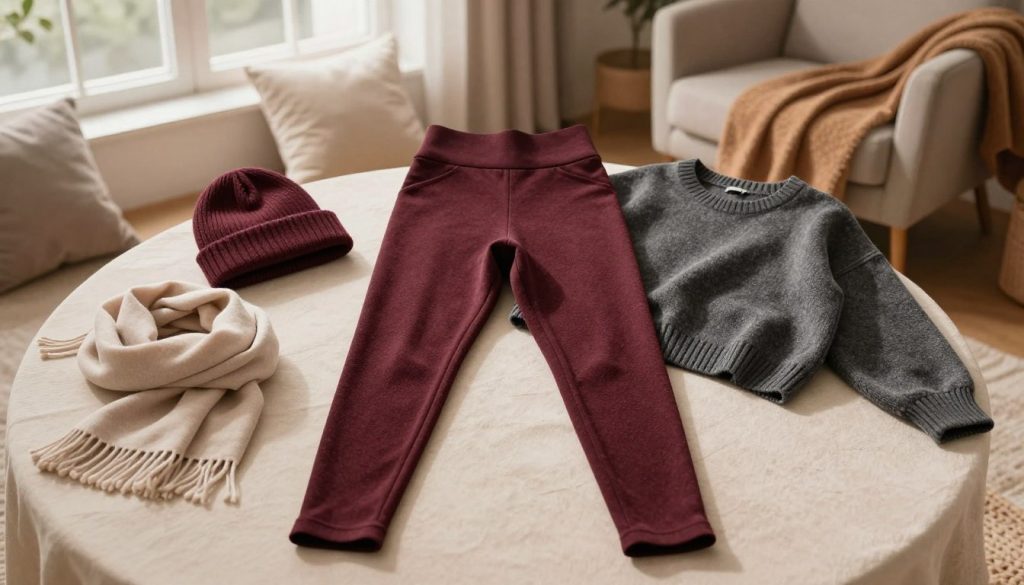 A cozy scene featuring a stylish outfit centered around soft, comfortable leggings. In the foreground, display a pair of high-quality, textured leggings in a warm, inviting color—such as deep burgundy or charcoal gray—paired with a relaxed, oversized knit sweater in a complementary shade. In the middle, include accessories like a chic, slouchy beanie and a light scarf, artfully arranged to emphasize the outfit's fashionable flair. In the background, evoke a homely living space with soft, ambient lighting filtering through a window, illuminating plush cushions and a warm throw blanket draped over a stylish armchair. The overall mood should feel relaxed and inviting, ideal for everyday wear, emphasizing comfort without sacrificing style.