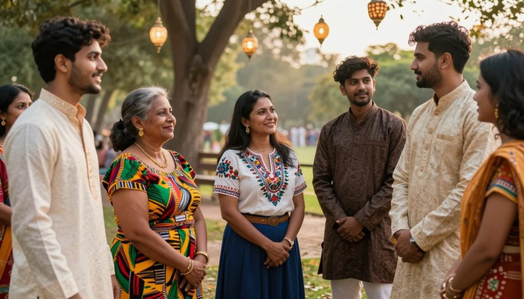 A diverse group of individuals from various ethnic backgrounds, dressed in vibrant and culturally significant clothing, stands in a sunlit park setting. In the foreground, a middle-aged woman wearing a colorful African kente cloth dress blends seamlessly with a young man donning a traditional Indian kurta, both smiling and engaging in conversation. The middle ground features a respectfully dressed Hispanic woman in a lovely embroidered blouse and a South Asian young adult wearing a stylish sherwani, creating a harmonious interaction. In the background, tall trees and hanging lanterns add a warm and inviting atmosphere. The scene is illuminated by soft, golden-hour lighting, capturing a feeling of cultural appreciation and mutual respect. The composition should evoke a sense of celebration and unity in diversity.