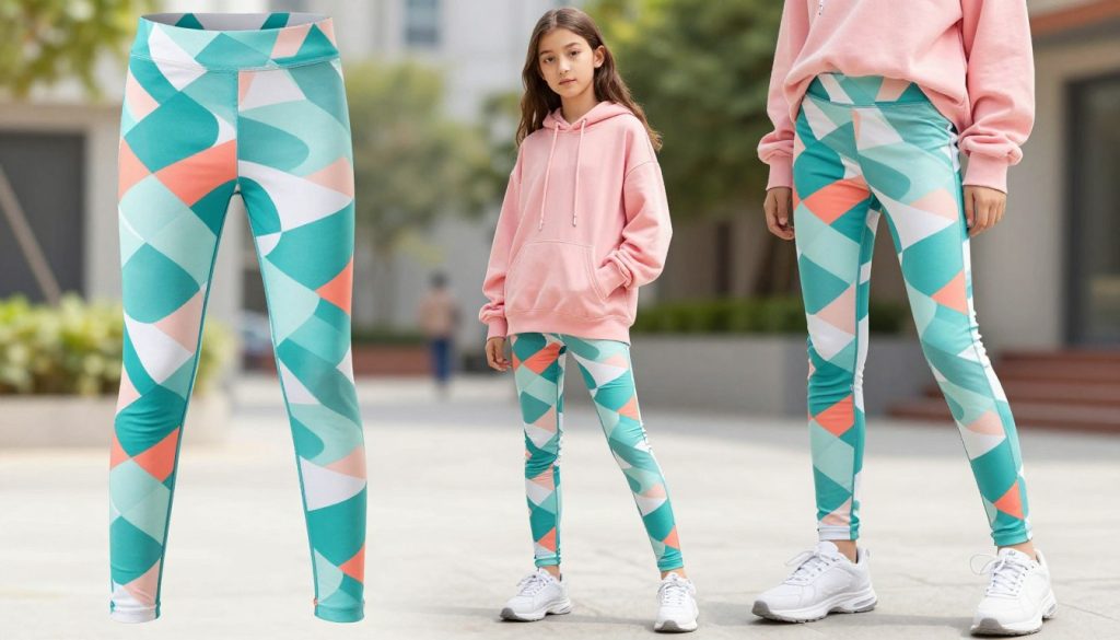 A pair of chic, trendy adolescent leggings displayed prominently in the foreground, featuring a vibrant abstract geometric pattern in shades of teal, coral, and white. The leggings are styled with a casual oversized pastel hoodie and sleek white sneakers, showcasing a stylish teenage outfit. In the middle, a mock-up of a stylish teenager stands in a relaxed pose, with hands in pockets, captured from a slight angle to highlight the leggings and outfit. The background features a softly blurred urban setting with hints of greenery, conveying a lively yet serene atmosphere. The lighting is bright and natural, creating a fresh and inviting mood. The overall composition should evoke a sense of youthful style and confidence, appealing to the fashion preferences of modern teenagers.
