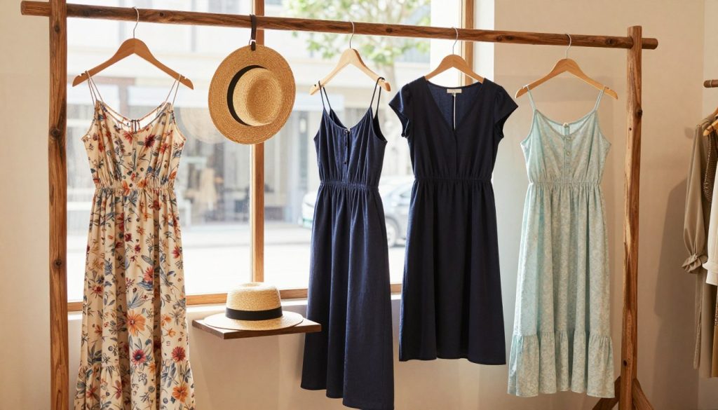 A selection of affordable chic dresses displayed on a rustic wooden rack in a warmly lit boutique setting. The foreground features three stylish, casual one-piece outfits: a flowy floral sundress, a sleek navy A-line dress, and a light pastel maxi dress with subtle patterns. In the middle ground, the dresses are artfully arranged with elegant hangers and complemented by minimalistic accessories like a straw hat and a simple handbag. The background showcases soft natural lighting filtering through a large window, casting gentle shadows and creating a welcoming atmosphere. The scene conveys a sense of casual elegance and approachable fashion, appealing to those seeking stylish yet budget-friendly options for daily wear.