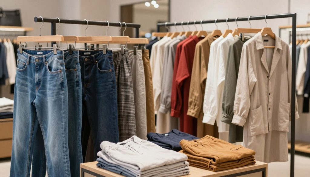 A stylish display of a versatile bottom wear collection featuring a variety of men’s and women’s garments. In the foreground, showcase a neatly arranged selection of trousers, jeans, skirts, and shorts, crafted from different materials like cotton, denim, and linen, emphasizing durability and comfort. The middle ground features a well-organized rack with clothing items on hangers, highlighting modern styles in neutral and vibrant colors. The background is softly blurred, suggesting a chic clothing store environment with warm, natural lighting cascading from overhead lights, creating an inviting atmosphere. The scene captures a professional yet approachable mood, ideal for fashion enthusiasts looking to build a comprehensive and stylish bottom wear wardrobe.