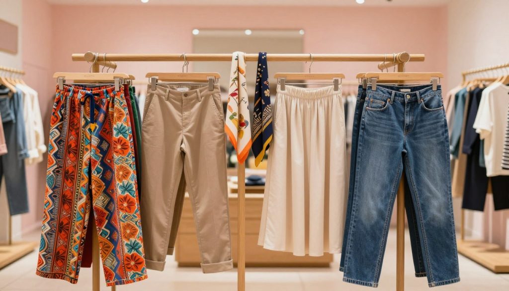 A stylish display of affordable bottom wear, featuring a variety of trendy pants, skirts, and shorts arranged creatively on a wooden display rack. In the foreground, showcase a pair of vibrant, patterned casual pants alongside classic denim, emphasizing diverse styles. In the middle ground, include neutral-colored chinos and a flowy skirt, styled with accessories like belts and scarves to suggest versatility. The background features a softly lit, modern clothing boutique with pastel-colored walls and minimalist decor, conveying an inviting atmosphere. Use warm lighting to enhance the colors and textures of the fabric, with a slight depth of field to keep focus on the bottom wear while subtly blurring the boutique setting. The overall mood should be cheerful and stylish, perfect for showcasing affordable fashion options.