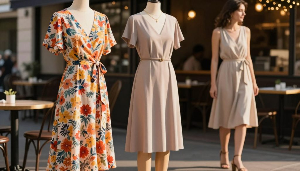 A stylish display of casual day-to-night dresses, showcasing three diverse designs in soft, flowing fabrics. In the foreground, a vibrant floral wrap dress with a cinched waist, paired with chic sandals. Beside it, a versatile solid-color shift dress, accessorized with a simple belt and elegant jewelry, perfect for transitioning from daytime outings to evening events. In the background, a soft-focus urban setting, featuring a cozy café with twinkling string lights hinting at the evening vibe. Golden hour lighting enhances the warm and inviting atmosphere, casting gentle shadows and highlighting the textures of the dresses. Shot with a 50mm lens at eye level to bring a sense of intimacy and connection to the styles. The mood is effortlessly chic and approachable, ideal for inspiring readers.