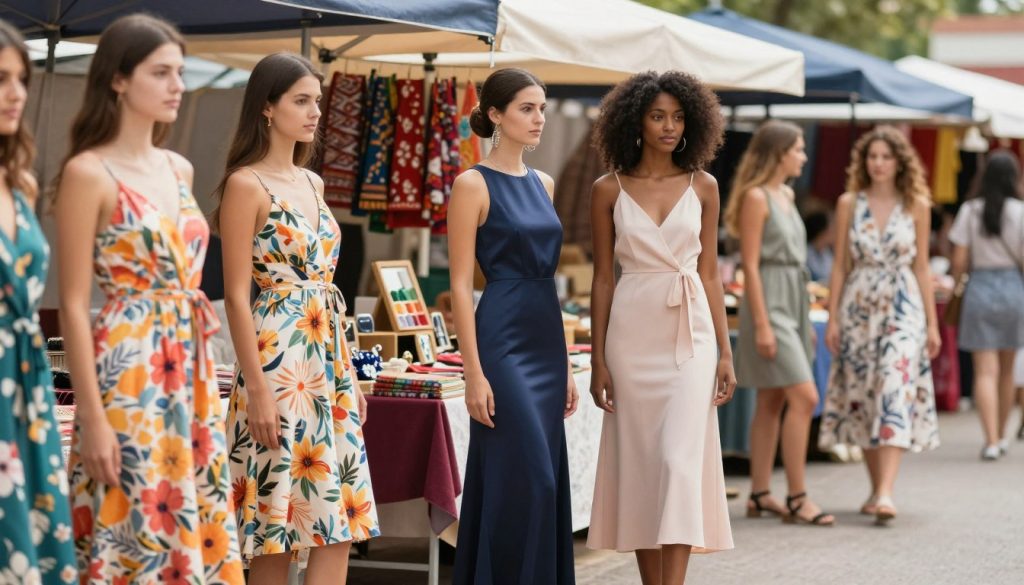 A stylish display of fashionable one piece dresses for women, set in a vibrant outdoor market. In the foreground, models of diverse ethnicities are showcasing various one piece dresses – one in a floral sundress, another in a sleek, elegant evening gown, and a third in a chic, casual day dress. The middle ground includes colorful stalls filled with fabrics and accessories, creating a dynamic shopping atmosphere. The background features a sunny day with soft, diffused natural lighting capturing the vibrant colors of the dresses. The scene should convey a cheerful and fashionable mood, emphasizing versatility in styling one piece dresses for different occasions. Use a slight tilt-shift effect to make the dresses the focal point while maintaining a lively and inviting context.