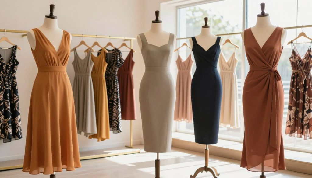 A stylish display of one piece dresses designed for various body types, featured in a clean and modern boutique setting. In the foreground, three mannequins showcase dresses: a flowing A-line dress perfect for pear shapes, a fitted sheath dress ideal for hourglass figures, and a chic wrap dress that flatters rectangular silhouettes. The middle ground presents an assortment of these dresses hanging elegantly on display racks, with fabric textures clearly visible. The background features soft, natural light streaming through large windows, creating a warm and inviting atmosphere that emphasizes the colors and patterns of the dresses. The overall mood is uplifting and fashionable, capturing the essence of modern women's fashion.