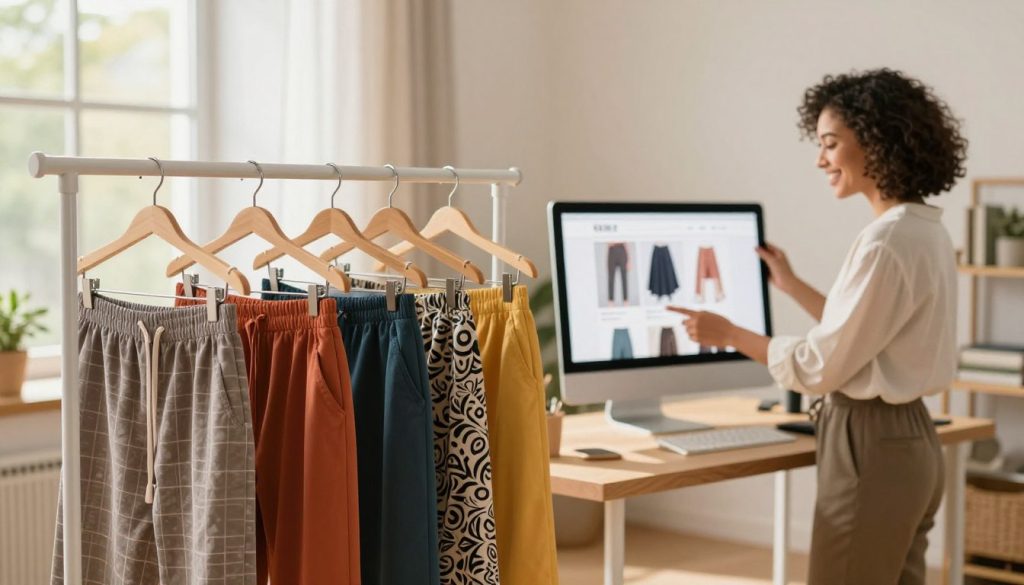 A stylish online shopping scene featuring a diverse range of affordable bottom wear. In the foreground, neatly arranged skirts, trousers, and joggers in various vibrant colors and patterns hang on a modern, minimalistic clothing rack. The middle showcases a computer screen displaying an online shopping website, highlighting the bottom wear selections. The background features a softly blurred home office setting with natural light streaming through a window, creating a warm and inviting atmosphere. A cheerful person, dressed in casual yet professional attire, is examining the clothing on the screen, exuding a sense of satisfaction. The overall mood is one of excitement and discovery, perfect for showcasing affordable fashion options. Soft focus and warm lighting enhance the inviting feel of the scene.