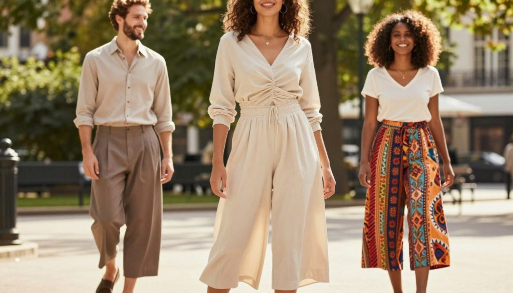 A stylish outdoor scene featuring a diverse group of three people dressed in wide-leg culottes and palazzo pants. In the foreground, a woman stands confidently in a flowy, light-colored culotte paired with a fitted, tucked-in blouse. To her left, a man sports tailored palazzo pants with a casual button-up shirt, exuding relaxed sophistication. To their right, a woman in vibrant, patterned palazzo pants, smiling and enjoying the moment. The background includes a lush, sunlit urban park setting with greenery and soft shadows, creating a cheerful atmosphere. The image is captured with warm, natural lighting, and a slightly blurred background to emphasize the fashion and expressions. Aim for a candid, joyful mood that reflects comfort and style in everyday outfits.