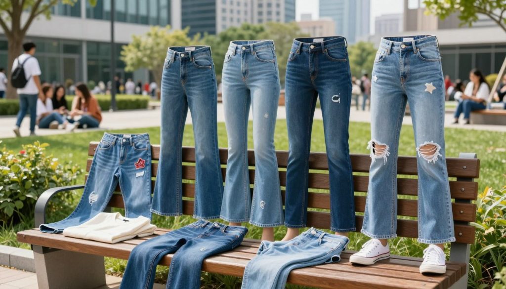 A stylish selection of trendy teen jeans displayed on a wooden bench in a bright, sunlit urban park. The focus is on a variety of denim styles: high-waisted flared jeans, classic skinny jeans, and distressed boyfriend jeans, all showcasing unique detailing like embroidery and patchwork. In the foreground, there's a casual trendy outfit laid neatly, complementing the jeans. The middle layer features greenery and a blurred sight of teenagers enjoying the park, dressed in stylish casual wear. The background displays modern urban architecture. Soft, natural lighting enhances the scene, creating a vibrant and lively atmosphere, perfect for teenagers. The image captures the essence of youthful style, with clean lines and an inviting mood.