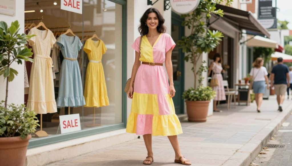 A stylish woman with a confident smile stands in the foreground, showcasing a vibrant, budget-friendly summer dress made from lightweight fabric in cheerful colors like pastel pink and bright yellow. Her outfit is accessorized with a simple yet elegant belt and flat sandals, embodying smart shopping strategies. The middle ground features a boutique shop window adorned with playful, eye-catching sale signs and neatly arranged dresses, emphasizing seasonal discounts. Soft, natural daylight illuminates the scene, creating a warm, inviting atmosphere. The background consists of a charming, bustling street lined with small shops and greenery, enhancing the lively summer vibe. The composition captures the essence of affordable fashion trends and a savvy shopping experience.