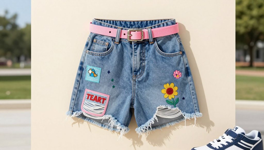 A trendy pair of denim shorts designed for teenagers, featuring a high-waisted cut and frayed edges. The shorts are styled with colorful patches and intricate embroidery, embodying a vibrant, youthful aesthetic. In the foreground, the shorts are displayed on a clean, minimalistic backdrop, with soft, natural lighting that highlights the texture of the fabric. The middle of the image includes accessories like a stylish belt and trendy sneakers, adding to the casual vibe. A subtle outdoor setting is visible in the background, suggesting a sunny day at a park. The overall mood conveys a sense of affordable fashion and fun individuality, ideal for budget-conscious teens looking to make a stylish statement.
