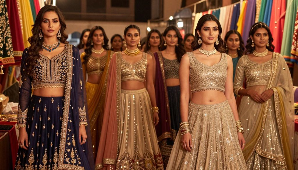 A vibrant display of the latest ethnic wear designs for women, featuring a diverse group of elegantly dressed models showcasing an array of outfits. In the foreground, a model wears a beautifully embroidered Anarkali suit with intricate patterns in rich jewel tones. Beside her, another model dons a modern lehenga choli with contemporary cuts, adorned with delicate mirror work. In the middle ground, several additional models showcase various styles, including elegant sarees with innovative draping techniques and fashionable kurtas. The background features a softly illuminated, traditional market setting with colorful fabrics hanging, enhancing the cultural ambiance. The lighting is warm and inviting, casting a gentle glow on the garments, while the camera angle captures the elegance of the designs and the joyful expressions of the models, reflecting a festive and celebratory mood.