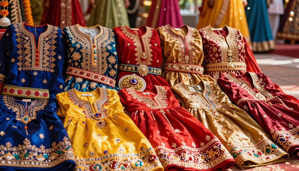 A vibrant display of traditional festival attire, showcasing a variety of colorful garments meticulously arranged. In the foreground, a selection of richly embroidered garments, such as silk sarees and ornate tunics, with intricate patterns and vibrant hues of red, gold, and blue. Additionally, beautifully crafted accessories like decorative belts and jewelry are scattered around, emphasizing cultural significance. The background features a softly blurred festive setting, with colorful decorations and ambient lighting that evokes a celebratory atmosphere. Natural sunlight filters through, creating warm highlights on the fabrics. The overall mood is joyful and festive, capturing the essence of traditional celebrations. The scene is shot at eye level using a standard lens, allowing for a clear focus on the attire and accessories without any distractions.