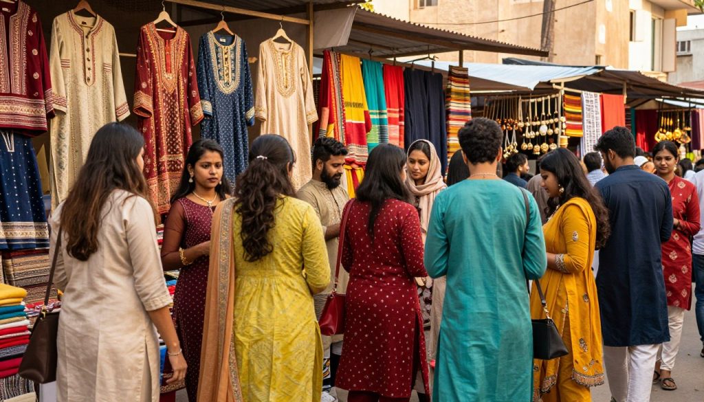 A vibrant marketplace showcasing affordable ethnic wear for daily life. In the foreground, a diverse group of individuals in modest ethnic outfits, including colorful kurtas and traditional skirts, interact and browse various garments. The middle ground features an array of clothing displays, with intricate patterns and fabrics like cotton and silk reflecting cultural heritage. The background reveals a bustling market scene with stalls adorned with bright fabrics and handmade accessories under warm, natural lighting, creating an inviting atmosphere. Use a wide-angle lens to capture the lively environment and enhance depth, emphasizing the accessibility and charm of everyday ethnic clothing. The mood should be friendly and welcoming, reflecting a celebration of culture in daily wear.