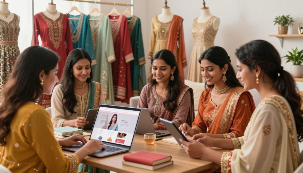 A vibrant online shopping scene depicting the essence of ethnic wear for women. In the foreground, a diverse group of women, dressed in elegant traditional outfits such as sarees and salwar kameez, are engaged in browsing a beautifully designed website on laptops and tablets. The middle ground features an array of colorful ethnic garments hanging on mannequins, showcasing intricate patterns and rich fabrics. The background is a softly lit, modern home setting with subtle decor elements like cushions and plants, creating a warm and inviting atmosphere. The lighting is bright yet soft, highlighting the details of the clothing while maintaining a welcoming mood. The camera angle focuses on the joyful interaction among the women, emphasizing the ease of online shopping for ethnic wear.