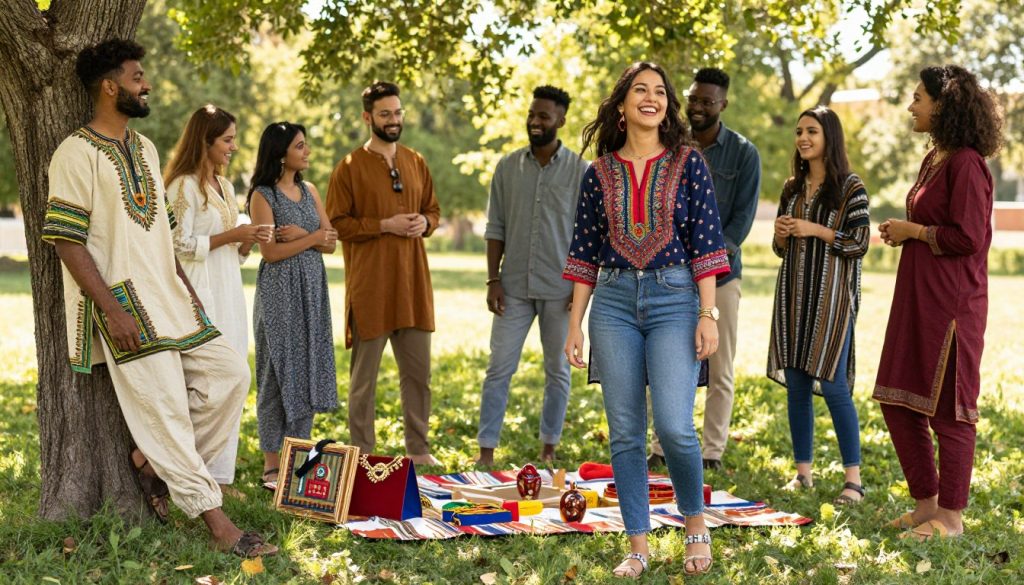 A vibrant outdoor scene capturing a diverse group of individuals enjoying a sunny weekend, showcasing a variety of ethnic clothing styled for casual wear. In the foreground, a young woman wearing a colorful embroidered kurta with denim jeans, paired with comfortable sandals, is laughing with friends. Beside her, a man in a loose-fitting dashiki and breathable trousers leans casually against a tree. In the middle ground, a small picnic setup with patterned blankets and ethnic accessories like jewelry and bags enhances the cultural vibe. The background features lush greenery and soft sunlight filtering through leaves, creating a warm, inviting atmosphere. The scene conveys joy and community, perfect for a casual weekend outing. Soft, natural lighting accentuates the textures and colors of the clothing.