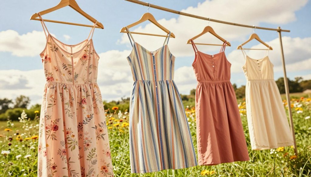 A vibrant outdoor scene showcasing a variety of budget-friendly summer dresses for women. In the foreground, three elegantly styled dresses hang on rustic wooden hangers: a soft pastel floral maxi dress, a playful striped A-line dress, and a chic, solid-colored sundress. The middle ground features a grassy area with sun-drenched flowers enhancing the cheerful atmosphere, while a soft-focus background reveals a bright blue sky with fluffy clouds. The lighting is warm and inviting, evoking a sunny summer day, and the angle is slightly elevated to capture the dresses' details and surrounding nature. The mood is joyful and carefree, perfect for showcasing essential types of affordable summer dresses every woman needs.