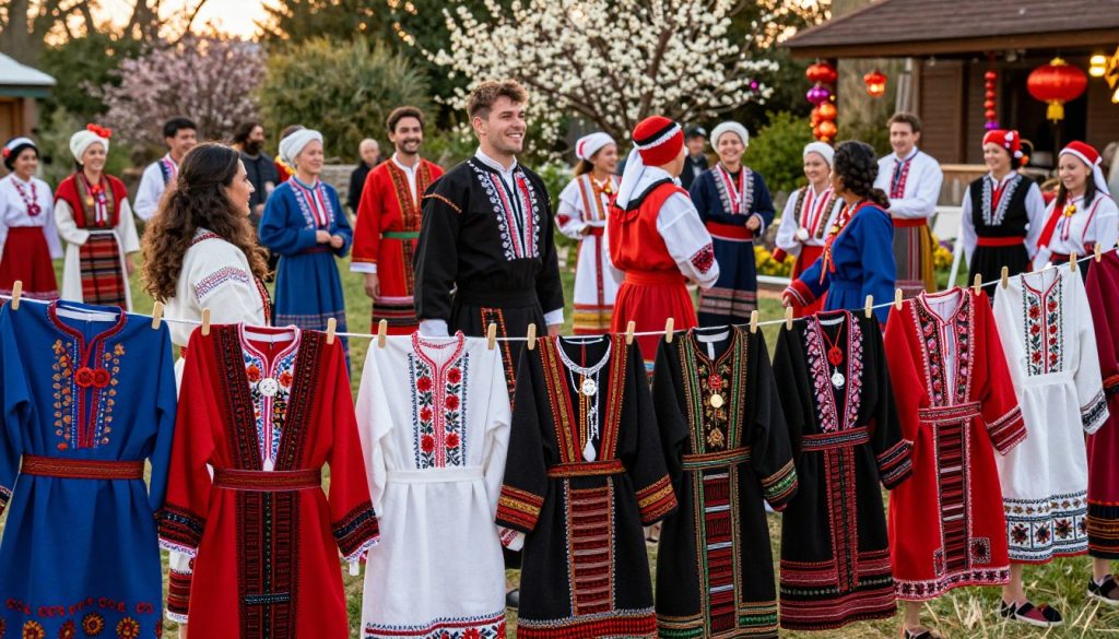 A vibrant scene showcasing a variety of traditional festival robes from different cultures, elegantly displayed in a rich outdoor setting. In the foreground, diverse garments hang from a clothesline, featuring intricate embroidery, vivid colors, and unique patterns. The middle ground reveals a group of diverse individuals wearing these splendid robes, smiling and engaged in festive activities. They are dressed modestly, reflecting their cultural heritage. In the background, a blooming garden with traditional decorations sets a lively mood. Soft, warm lighting enhances the colors, mimicking early evening sunlight. Capture this colorful array with a medium-angle lens to focus on the details of the fabrics and expressions, evoking a sense of celebration and cultural richness.