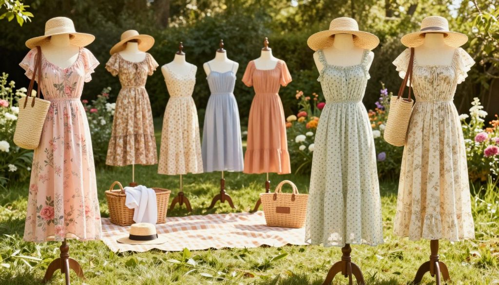 A vibrant, sunlit outdoor setting featuring a diverse selection of stylish summer dresses on a budget, arranged elegantly on mannequins. In the foreground, display a flowing pastel maxi dress with floral patterns and a lightweight, polka-dot sundress, both complemented by matching accessories like wide-brimmed hats and straw bags. The middle section should showcase a cozy picnic scene with a plaid blanket, a few casual yet chic dresses draped over picnic baskets, and a backdrop of lush greenery and blooming flowers. The lighting is warm and inviting, capturing the essence of a bright summer day with soft shadows. The atmosphere is lighthearted and cheerful, emphasizing a sense of affordable fashion and creativity in styling.