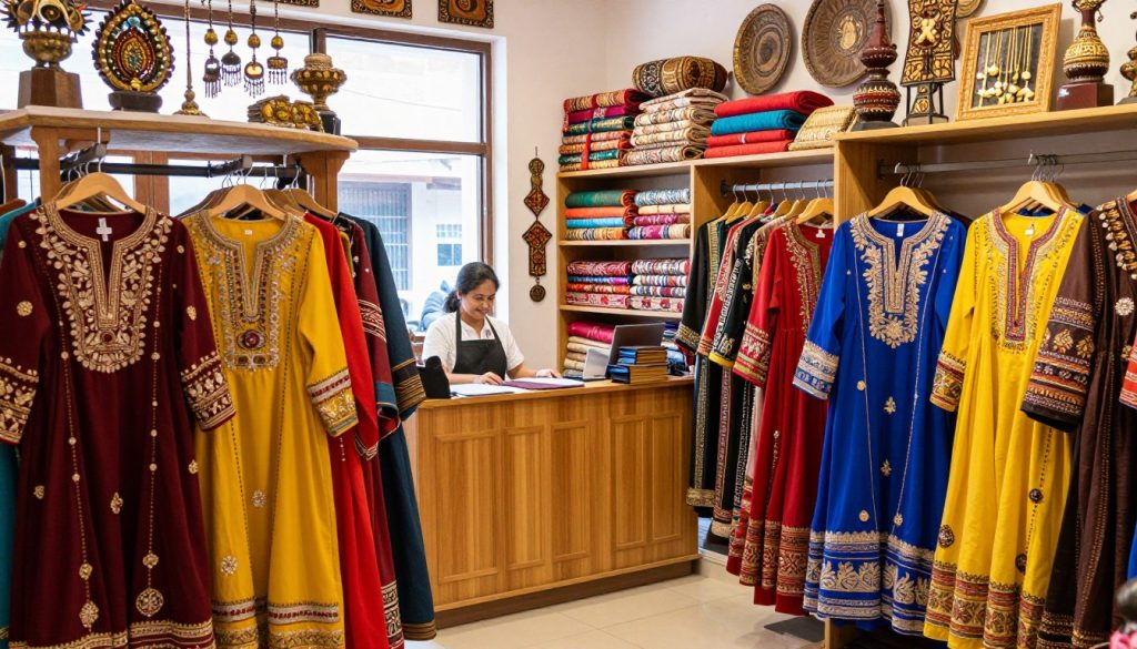 A vibrant traditional clothing store interior, featuring an array of cultural garments displayed on elegant wooden racks. In the foreground, richly embroidered dresses and intricate accessories hang, showcasing a variety of colors such as deep reds, bright yellows, and elegant blues, while traditional ornaments embellish the space. In the middle, a warm, inviting counter with a friendly shopkeeper in professional attire is visible, engaging with customers. The background reveals shelves adorned with beautiful fabric rolls and decorative textiles, bathed in soft, natural lighting from large windows, casting gentle shadows. The atmosphere is lively and welcoming, enticing visitors to explore and celebrate the beauty of traditional attires for festivals and weddings. The composition highlights both the authenticity and vibrancy of cultural clothing in a traditional retail setting.