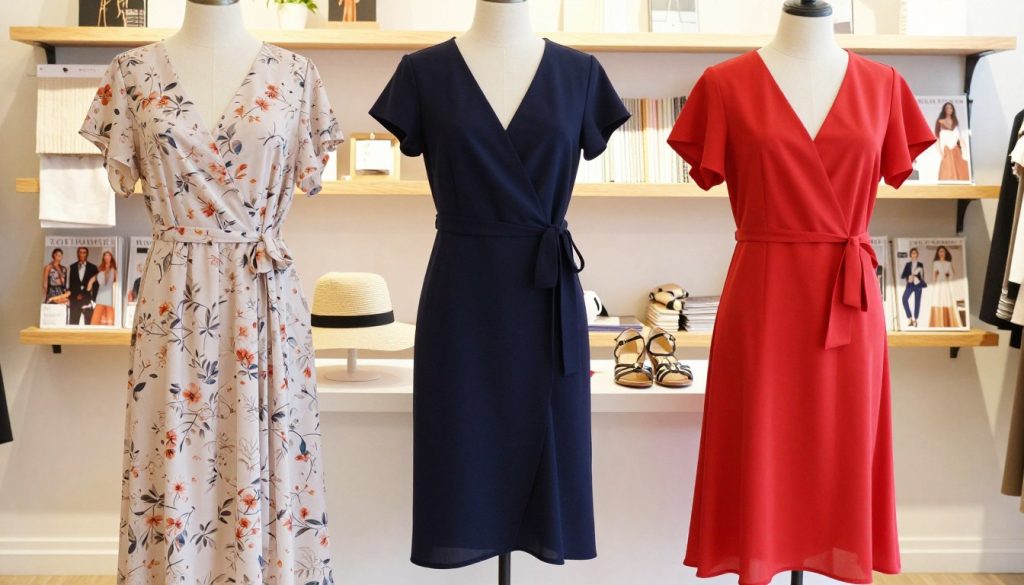 Elegant and stylish dresses for everyday wear displayed on a mannequin in a bright and airy boutique setting. The foreground features three distinct dresses: a flowing midi dress in soft floral print, a chic wrap dress in solid navy, and a comfortable A-line dress in vibrant red. The middle ground showcases elegant accessories like a wide-brimmed hat and a pair of trendy sandals, adding to the overall vibe. In the background, light wooden shelving is filled with neatly arranged fabric swatches and fashion magazines, enhancing the boutique atmosphere. The lighting is soft and warm, creating a welcoming and inviting mood. The image is shot from a slightly high angle to capture the elegance of the dresses.