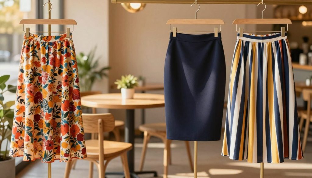 Fashionable skirts displayed prominently in a refined casual setting. In the foreground, showcase a variety of skirts including a flowing midi skirt in a vibrant floral pattern, a sleek pencil skirt in rich navy, and a playful A-line skirt with bold stripes. Each skirt should be styled on a mannequin or hung elegantly on a stylish rack for dynamic presentation. In the middle ground, add a soft-focus backdrop featuring a cozy café ambiance with light wooden tables and greenery, creating a warm, inviting atmosphere. The lighting should be soft and natural, mimicking golden hour sunlight filtering through windows, casting gentle shadows. The image should evoke a trendy yet relaxed mood, perfect for inspiring casual everyday fashion choices while ensuring all styles are presented in a tastefully modest manner.