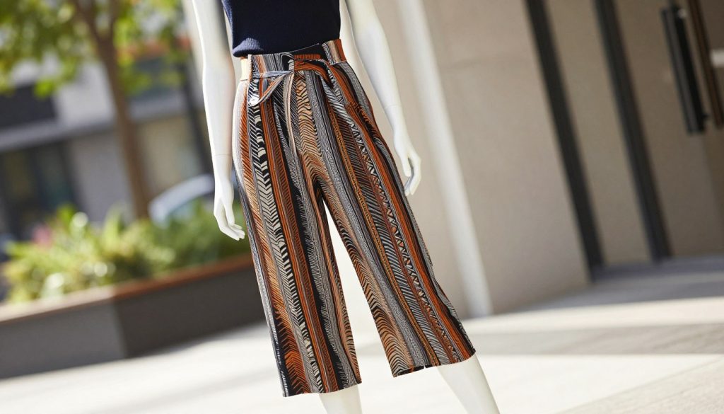 Trendy culottes in a stylish, modern setting. In the foreground, a pair of fashion-forward culottes with a bold pattern, showcasing a high-waisted fit and a flowing silhouette. The fabric appears lightweight and breathable, ideal for casual outings. In the middle ground, a mannequin dressed in a chic, fitted top complements the culottes, emphasizing a trendy outfit. The background features a softly blurred urban environment, with hints of greenery and stylish architecture to enhance the casual vibe. Natural daylight filters through, casting gentle shadows and highlighting the textures of the fabric. Capture this scene from a slightly elevated angle to provide a dynamic view, conveying a sense of effortless style and sophistication. Aim for a bright and uplifting atmosphere.