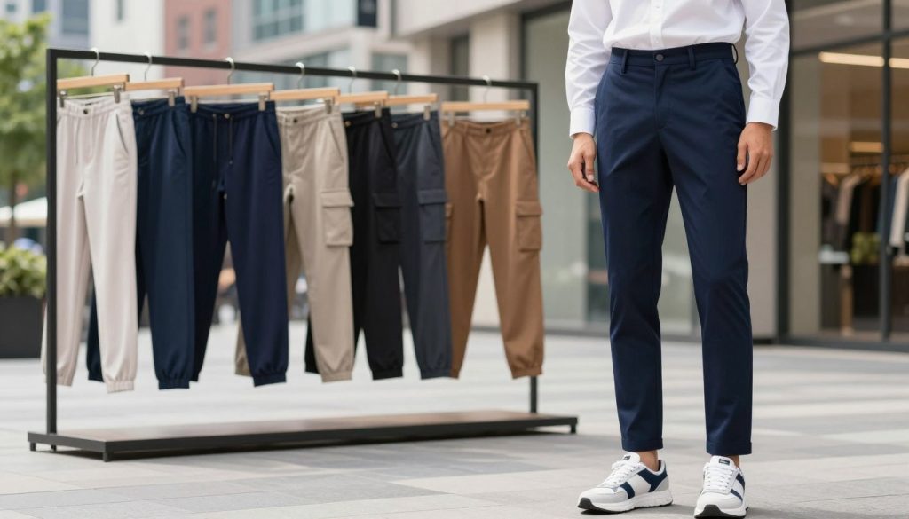 Trendy men's pants on display in a modern urban setting. In the foreground, a model showcases a pair of slim-fit chinos in a stylish navy blue, paired with a crisp white shirt and trendy sneakers. The middle ground features a variety of fashionable pants, including joggers, tailored trousers, and cargo pants, all in popular colors and patterns, neatly arranged on a contemporary display rack. The background reveals a chic cityscape with soft-focus buildings and greenery, enhancing the fashion vibe. The scene is illuminated by natural daylight, creating a fresh and inviting atmosphere. Capture the image at eye level with a shallow depth of field to emphasize the pants, set against the vibrant urban backdrop. The overall mood is stylish and modern, appealing to diverse fashion tastes and budgets.