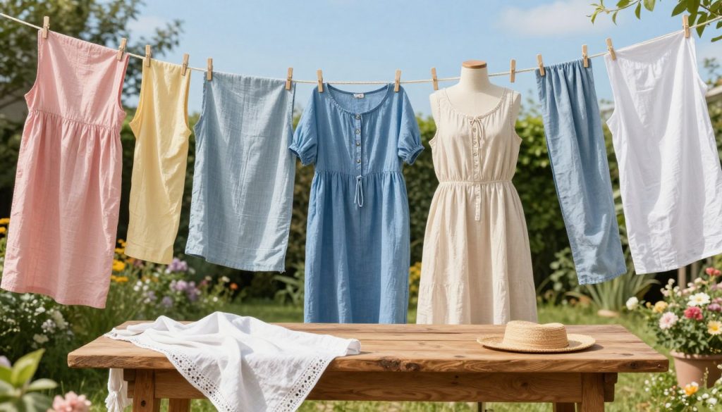 Vibrant and inviting scene showcasing a variety of traditional summer fabrics, including lightweight cotton, airy linen, and soft chambray, draped elegantly over a rustic wooden table. In the foreground, soft pastel-colored garments hang gently from a simple clothesline, capturing the essence of summer warmth. The middle ground features a model dressed in a flowing, modest summer dress made of breathable fabric, surrounded by touches of nature, like blooming flowers and greenery. The background includes a sunlit garden, with a clear blue sky providing a cheerful atmosphere. The soft lighting enhances the textures and colors of the fabrics, creating a cozy and relaxed summer vibe. The image exudes comfort and style, perfect for illustrating traditional summer looks.